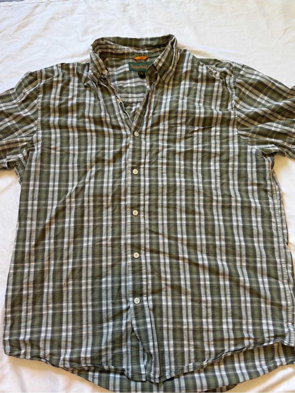 Timberland Olive, White and Gray Plaid Short-Sleeve Button-Down Shirt